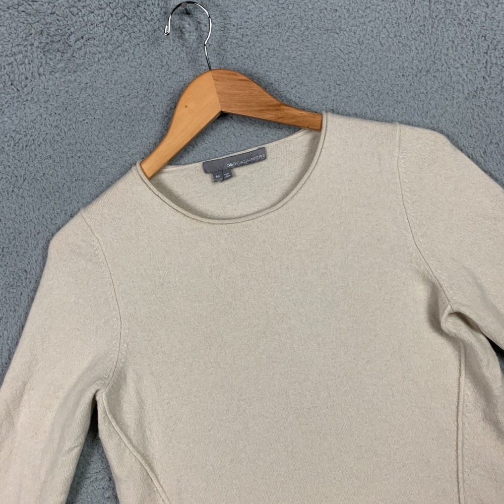 360 Cashmere Sweater Womens Medium M Beige 100% Cashmere Crew Pullover High Low